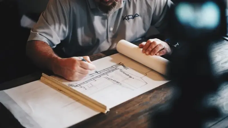 Detailed shop drawings being reviewed for a structural fabrication project