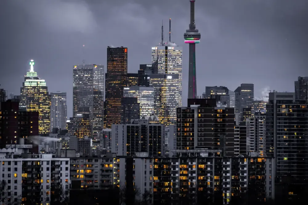 City skyline of high-rise commercial buildings at dusk