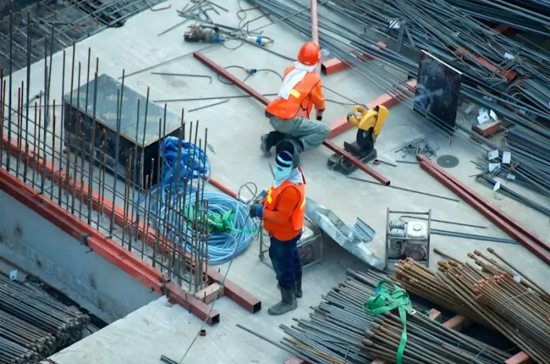 Workers installing structural steel reinforcement on a commercial construction site